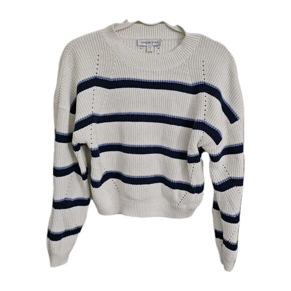 Amour Vert Sweater Small White Blue Striped Linen Cotton Pullover Knit Crewneck - Picture 1 of 9